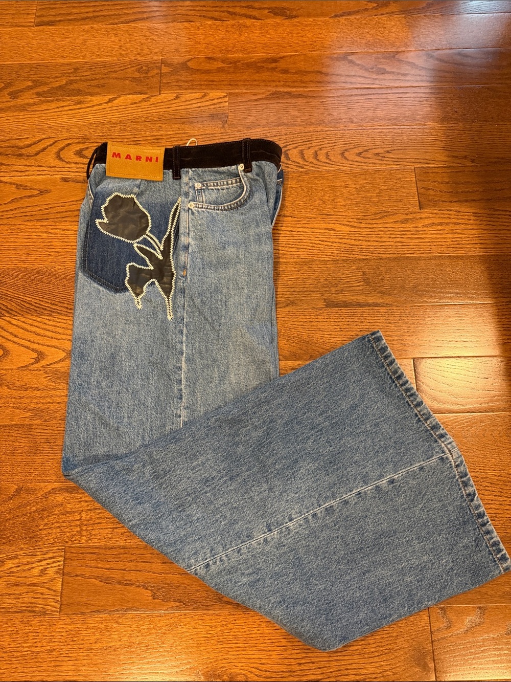 Marni Wide-Leg Blue Denim Jeans with velvet-trimmed Waistband